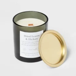 Clear Colored Glass With Woodwick And Brass Metal Inset Lid Dried Leaves + Hickory Candle Green - Threshold™ -West Elm GUEST 05b6d262 797f 4785 845b ae77677bb543