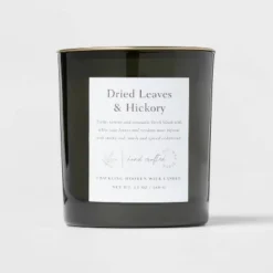 Clear Colored Glass With Woodwick And Brass Metal Inset Lid Dried Leaves + Hickory Candle Green - Threshold™ -West Elm GUEST caa05911 52b3 4001 9ef3 bf58b880a13d