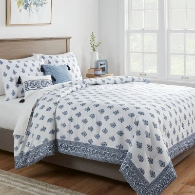 5pc Block Print With Border Comforter Bedding Set White/Blue - Threshold™ 3 5pc Block Print With Border Comforter Bedding Set White/Blue - Threshold™